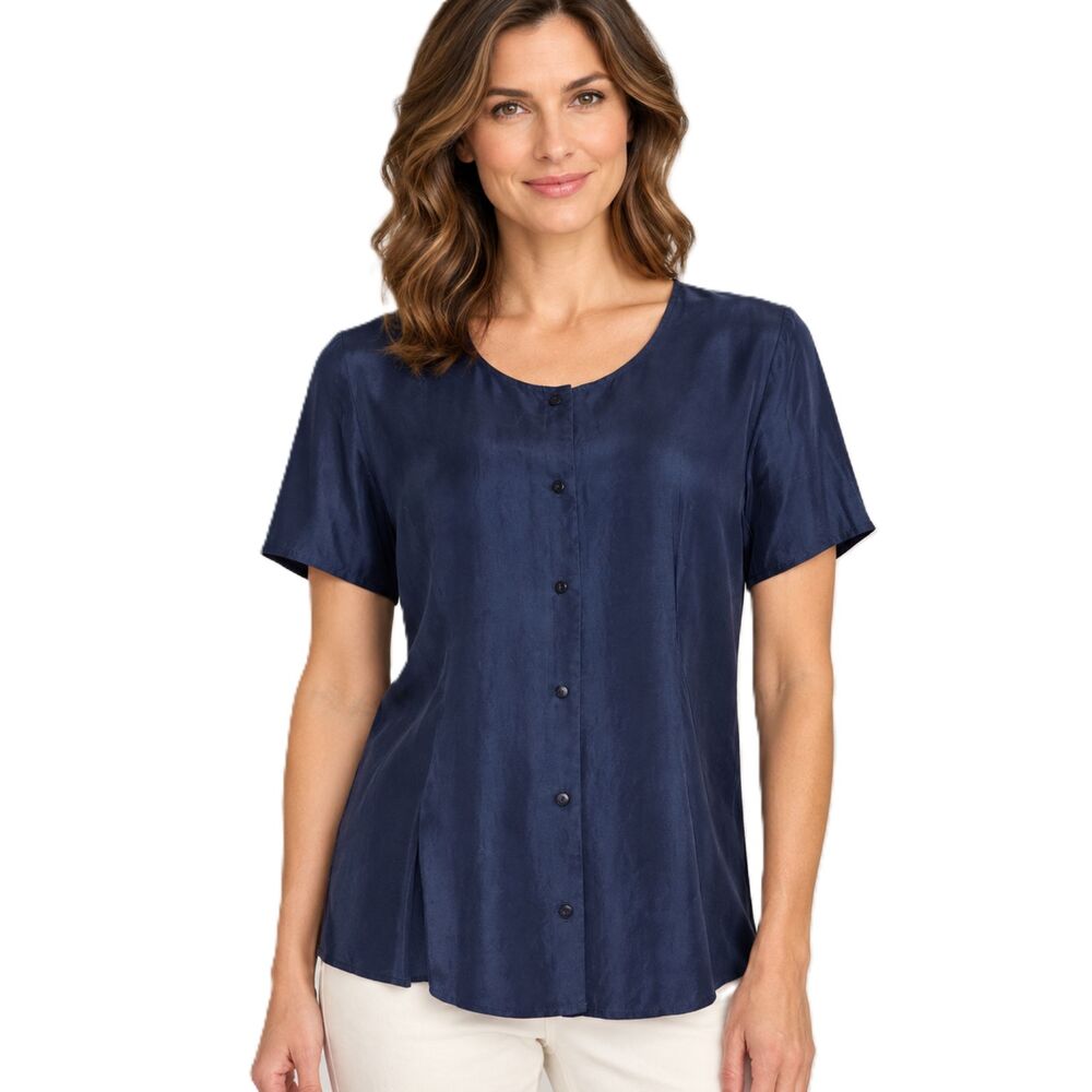 VTG 90s Express Navy Blue Blouse Top Size S Button Front Short Sleeve 100% Silk
